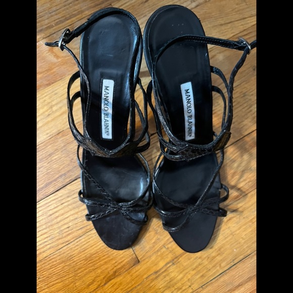 Manolo Blahnik Black Snakeskin Leather Strappy Sandals Heels sz 7.5-8.5 - Picture 9 of 12
